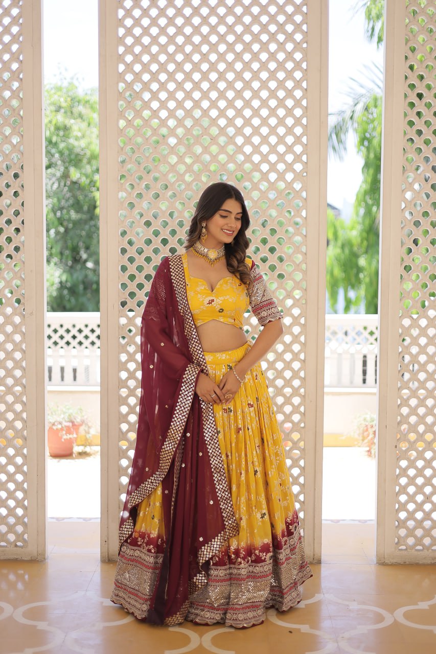 Lorenvalley Yellow Pure Viscose Jacquard with 2D Dyeing and Embroidered Sequins work Lehenga Choli - Distacart