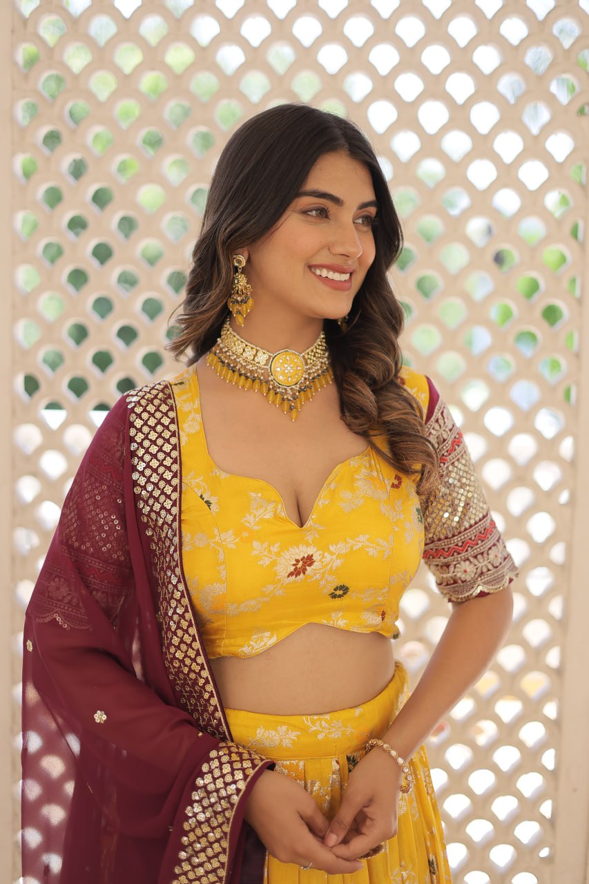 Lorenvalley Yellow Pure Viscose Jacquard with 2D Dyeing and Embroidered Sequins work Lehenga Choli - Distacart