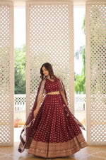 Thumbnail for Lorenvalley Maroon Pure Viscose Jacquard with Double Zari work Lehenga Choli - Distacart
