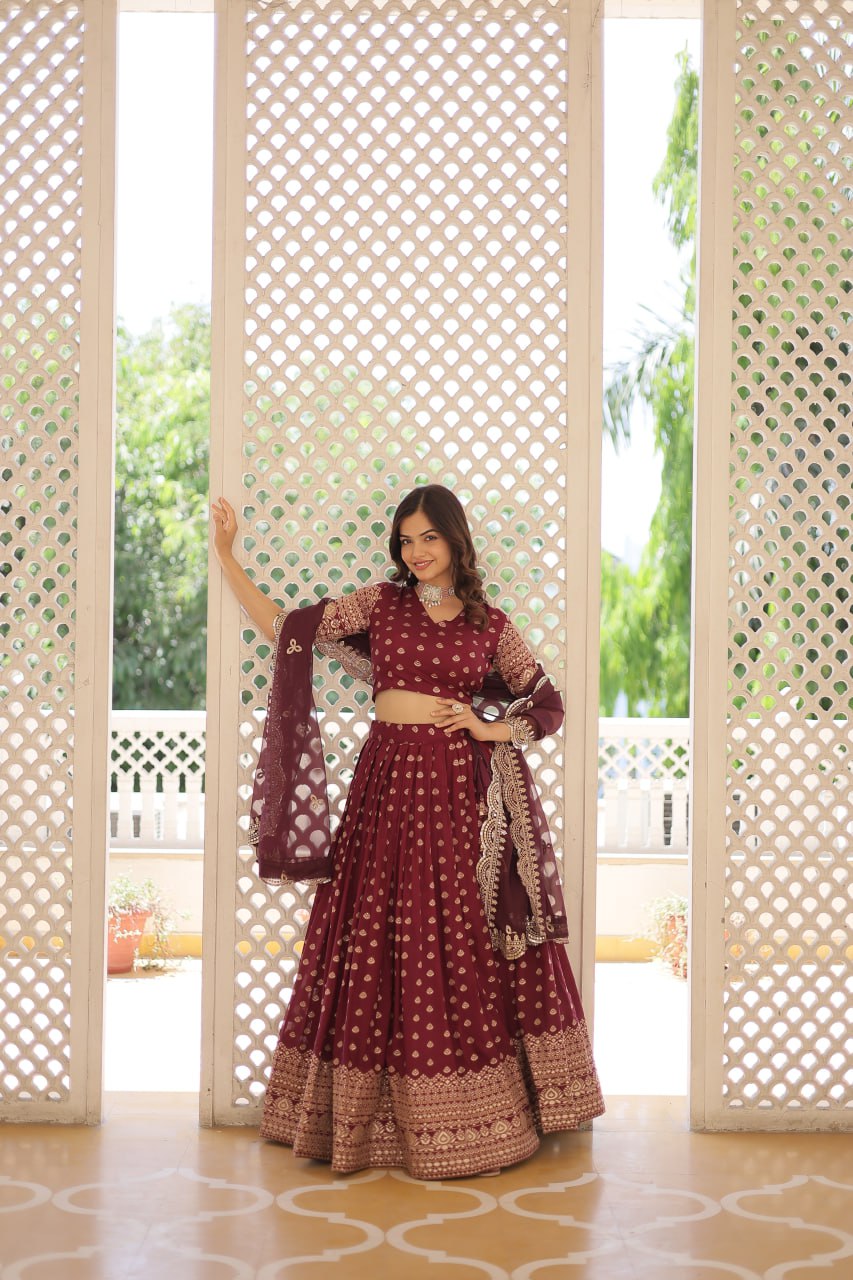 Lorenvalley Maroon Pure Viscose Jacquard with Double Zari work Lehenga Choli - Distacart
