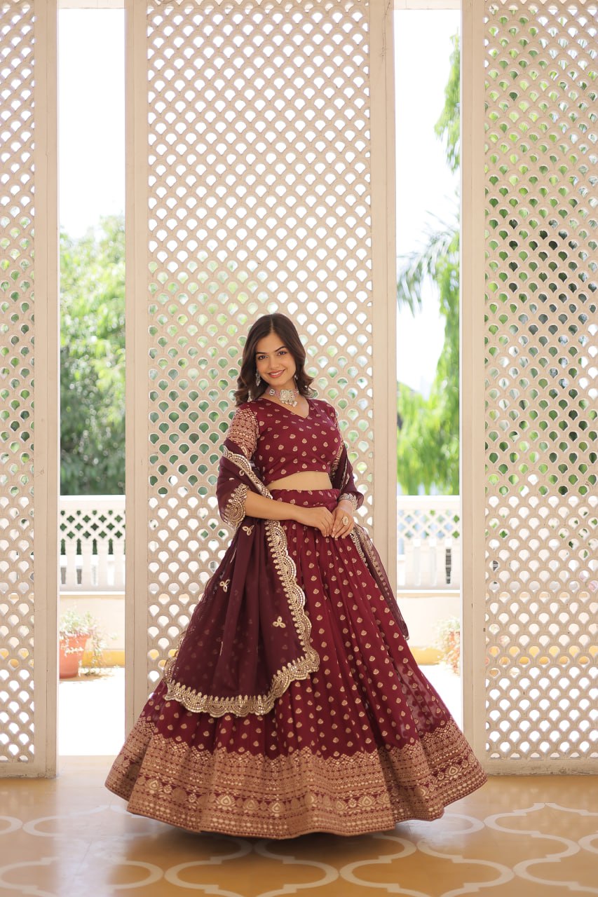 Lorenvalley Maroon Pure Viscose Jacquard with Double Zari work Lehenga Choli - Distacart