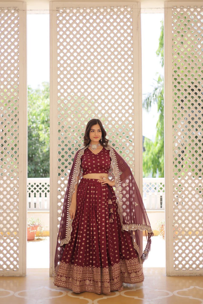 Lorenvalley Maroon Pure Viscose Jacquard with Double Zari work Lehenga Choli - Distacart
