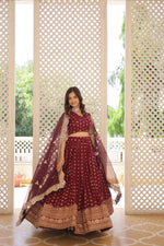 Thumbnail for Lorenvalley Maroon Pure Viscose Jacquard with Double Zari work Lehenga Choli - Distacart