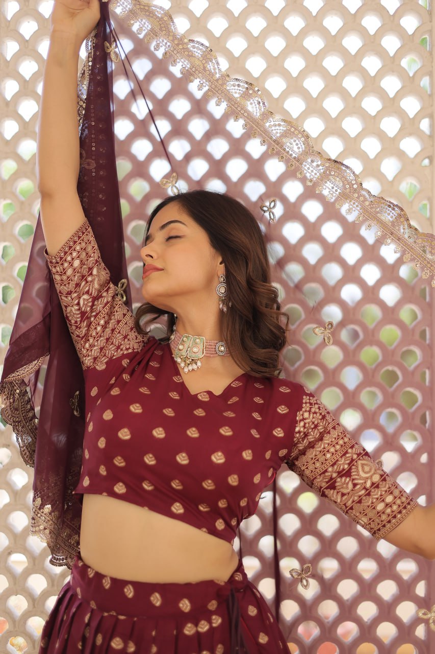 Lorenvalley Maroon Pure Viscose Jacquard with Double Zari work Lehenga Choli - Distacart