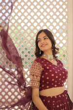 Thumbnail for Lorenvalley Maroon Pure Viscose Jacquard with Double Zari work Lehenga Choli - Distacart
