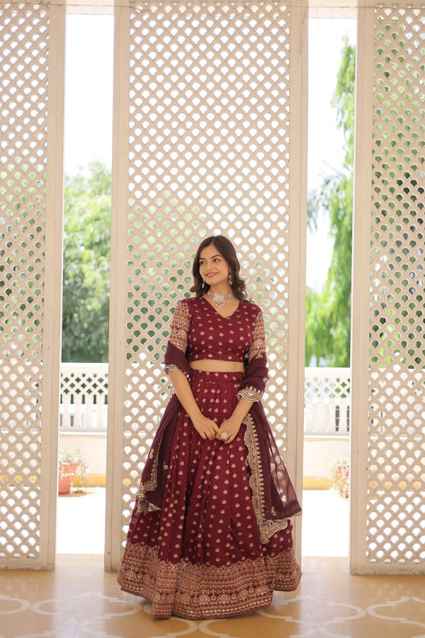 Lorenvalley Maroon Pure Viscose Jacquard with Double Zari work Lehenga Choli - Distacart