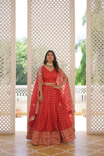 Thumbnail for Lorenvalley Red Pure Viscose Jacquard with Double Zari work Lehenga Choli - Distacart
