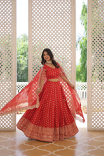 Thumbnail for Lorenvalley Red Pure Viscose Jacquard with Double Zari work Lehenga Choli - Distacart
