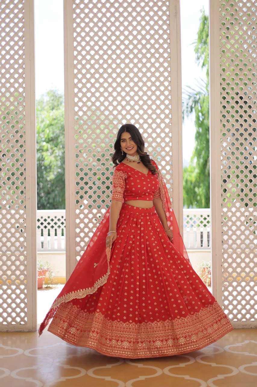 Lorenvalley Red Pure Viscose Jacquard with Double Zari work Lehenga Choli - Distacart