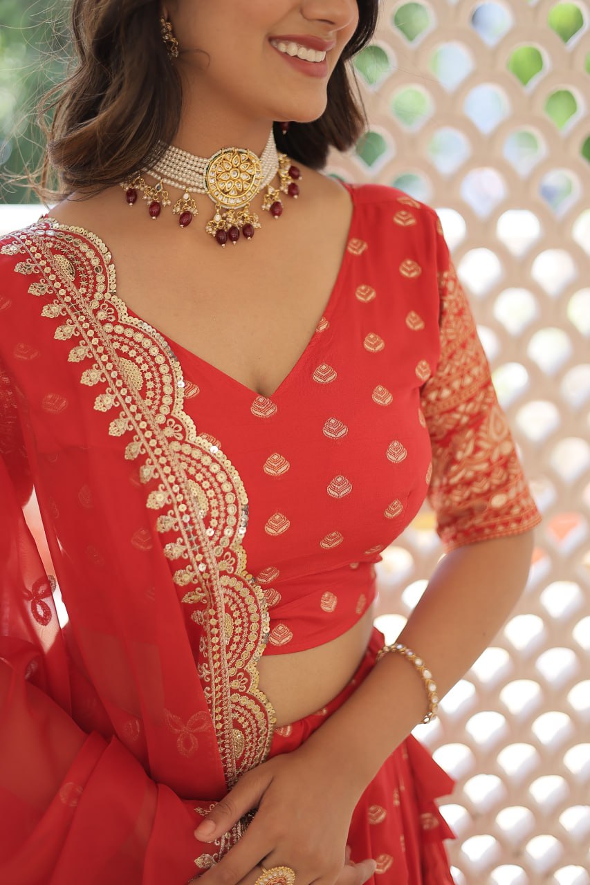 Lorenvalley Red Pure Viscose Jacquard with Double Zari work Lehenga Choli - Distacart