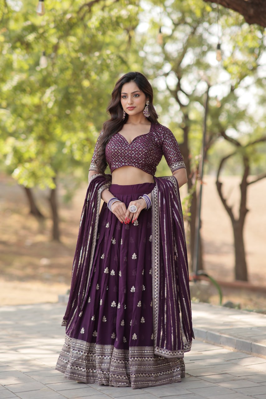 Lorenvalley Purple Faux Blooming Georgette with Sequins & Thread Embroidered work Lehenga Choli - Distacart