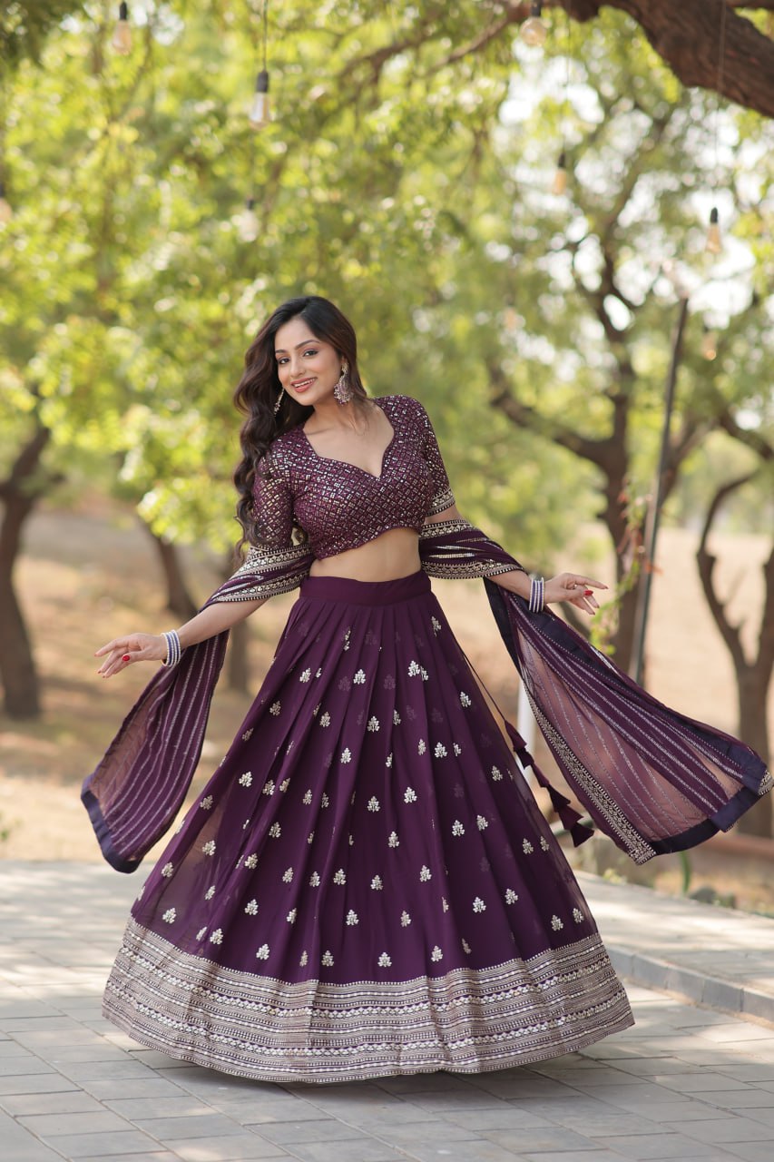 Lorenvalley Purple Faux Blooming Georgette with Sequins & Thread Embroidered work Lehenga Choli - Distacart