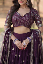 Thumbnail for Lorenvalley Purple Faux Blooming Georgette with Sequins & Thread Embroidered work Lehenga Choli - Distacart