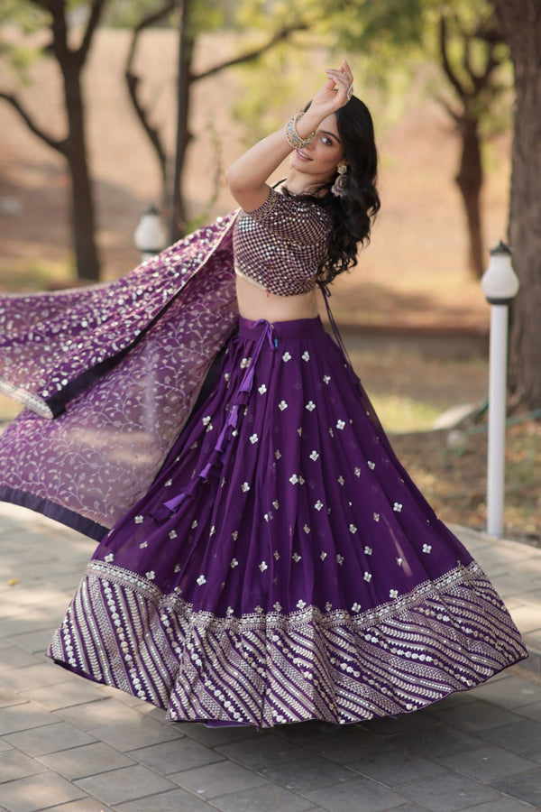 Lorenvalley Purple Faux Blooming Georgette with Sequins & Thread Embroidered work Lehenga Choli - Distacart