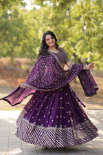 Thumbnail for Lorenvalley Purple Faux Blooming Georgette with Sequins & Thread Embroidered work Lehenga Choli - Distacart