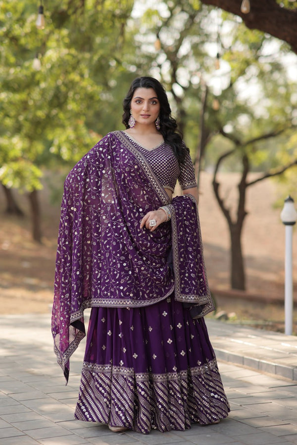 Lorenvalley Purple Faux Blooming Georgette with Sequins & Thread Embroidered work Lehenga Choli - Distacart