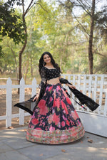 Thumbnail for Lorenvalley Black Faux Georgette Digital Printed with Sequins & Thread Embroidered work Lehenga Choli - Distacart