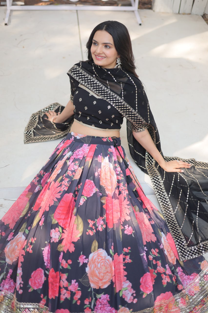 Lorenvalley Black Faux Georgette Digital Printed with Sequins & Thread Embroidered work Lehenga Choli - Distacart