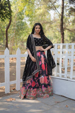 Thumbnail for Lorenvalley Black Faux Georgette Digital Printed with Sequins & Thread Embroidered work Lehenga Choli - Distacart