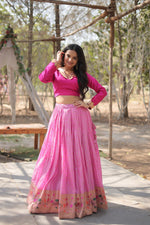 Thumbnail for Lorenvalley Pink Pure Viscose Jacquard with Kalamkari Jari Border Lehenga Choli - Distacart