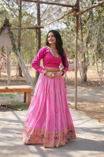 Thumbnail for Lorenvalley Pink Pure Viscose Jacquard with Kalamkari Jari Border Lehenga Choli - Distacart