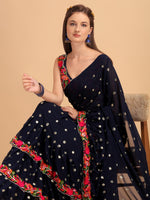 Thumbnail for Evanik Navy Blue Embroidered Work Ruffled Saree With Unstitched Blouse