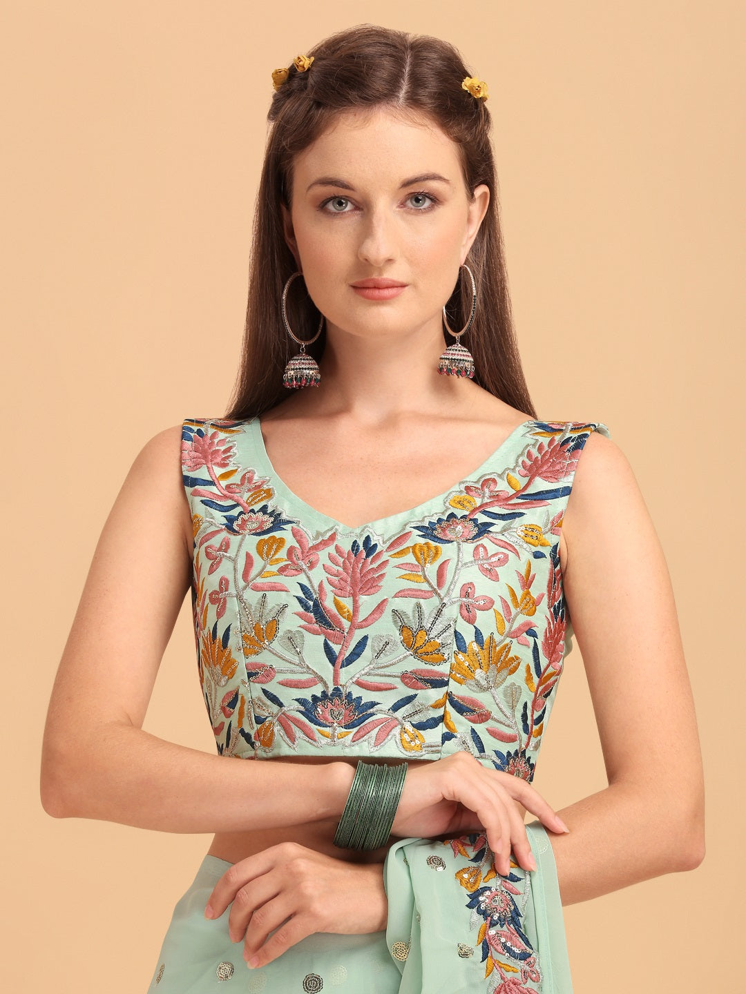Evanik Seagreen Embroidered Work Ruffled Saree With Unstitched Blouse