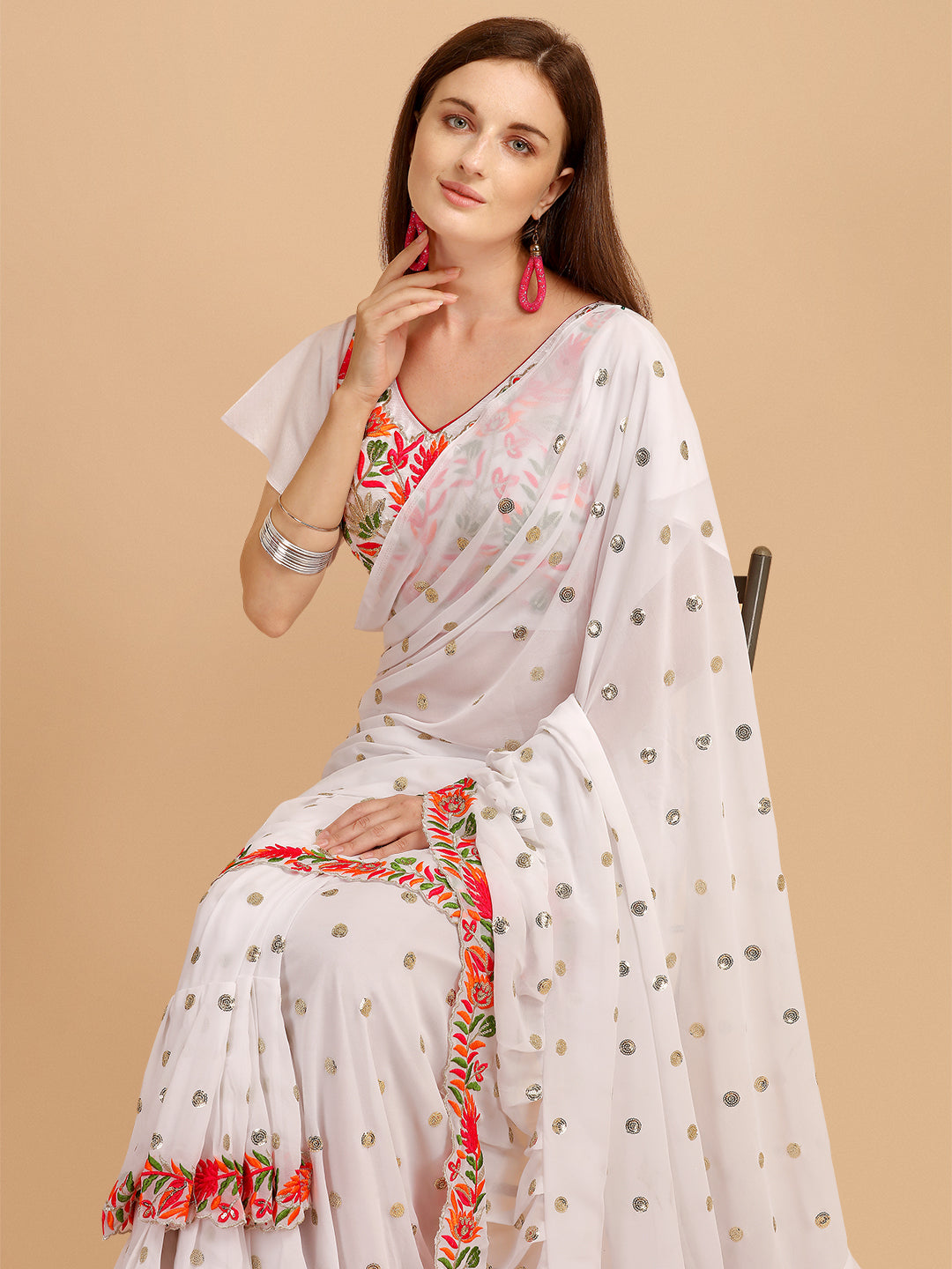 Lorenvalley Fashion White Faux Georgette Ruffle Saree with Fancy Sequence work & Blouse - Distacart