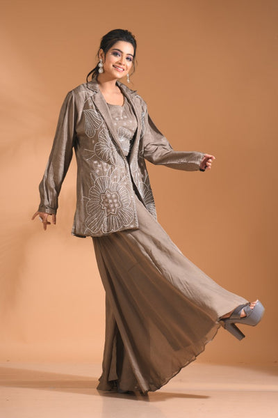 Morchari 3Pc Palazzo Set With Hand Embroidery - Blue - Distacart