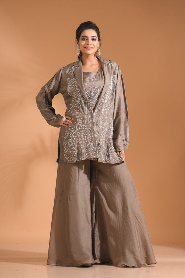 Morchari 3Pc Palazzo Set With Hand Embroidery - Blue - Distacart