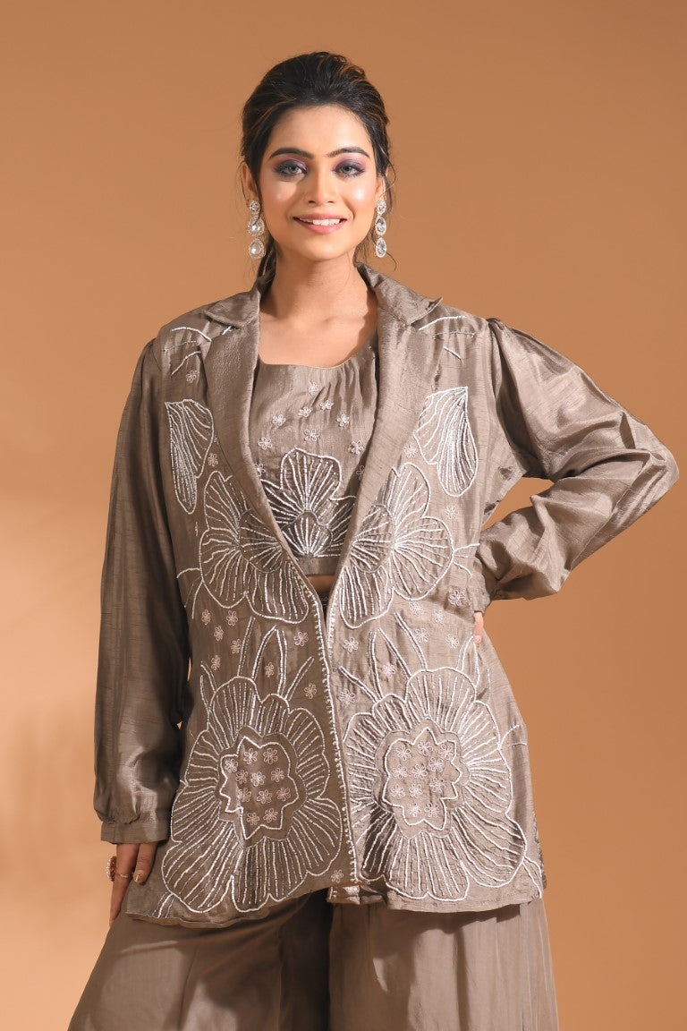 Morchari 3Pc Palazzo Set With Hand Embroidery - Blue - Distacart