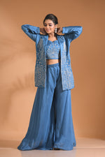 Thumbnail for Morchari 3Pc Palazzo Set With Hand Embroidery - Beige - Distacart