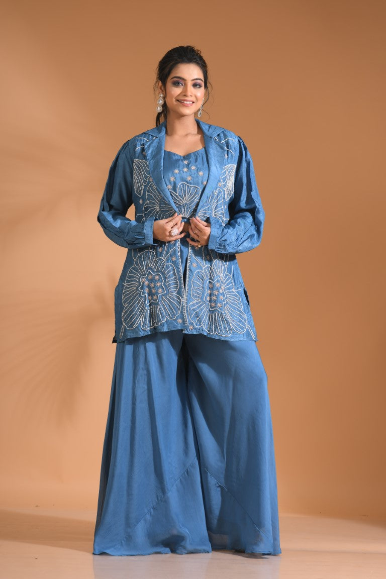 Morchari 3Pc Palazzo Set With Hand Embroidery - Beige - Distacart