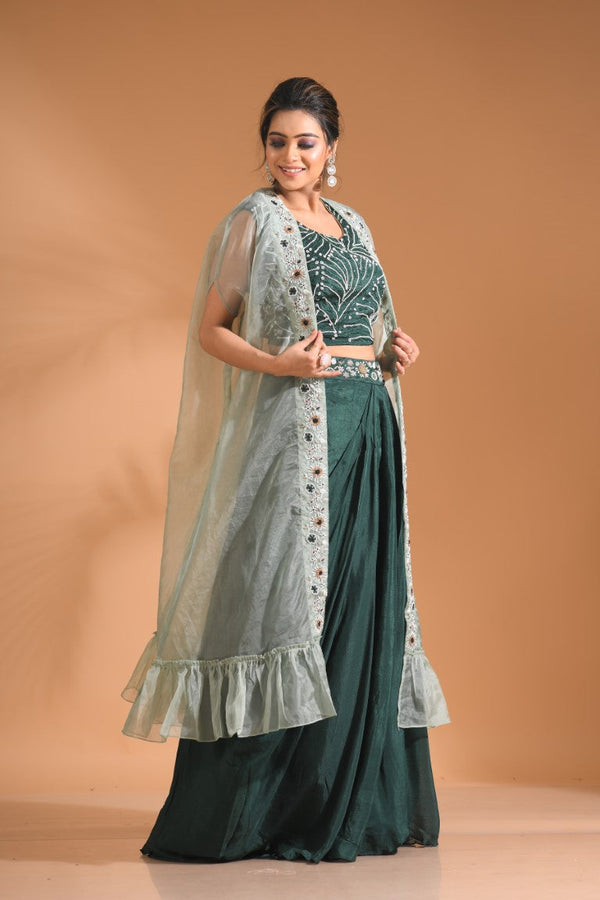 Morchari Co Ord Set With Long Jacket Hand Embroidery - Green - Distacart