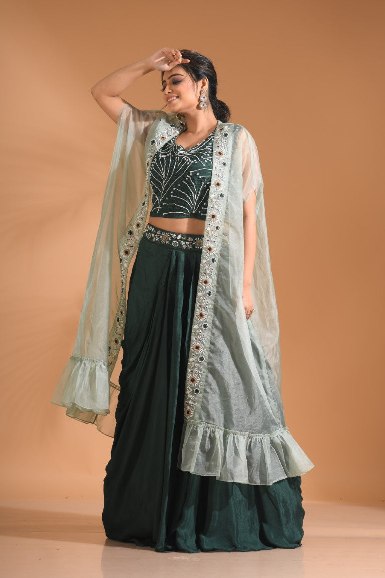 Morchari Co Ord Set With Long Jacket Hand Embroidery - Green - Distacart