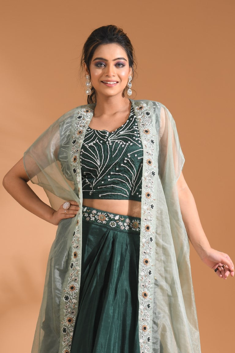 Morchari Co Ord Set With Long Jacket Hand Embroidery - Green - Distacart