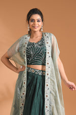 Thumbnail for Morchari Co Ord Set With Long Jacket Hand Embroidery - Green - Distacart