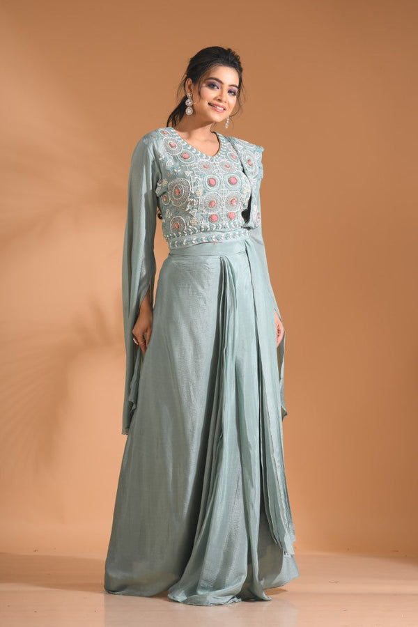 Morchari Co Ord Set With Dupatta Hand Embroidery - Blue - Distacart