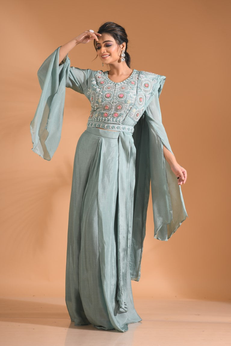 Morchari Co Ord Set With Dupatta Hand Embroidery - Blue - Distacart