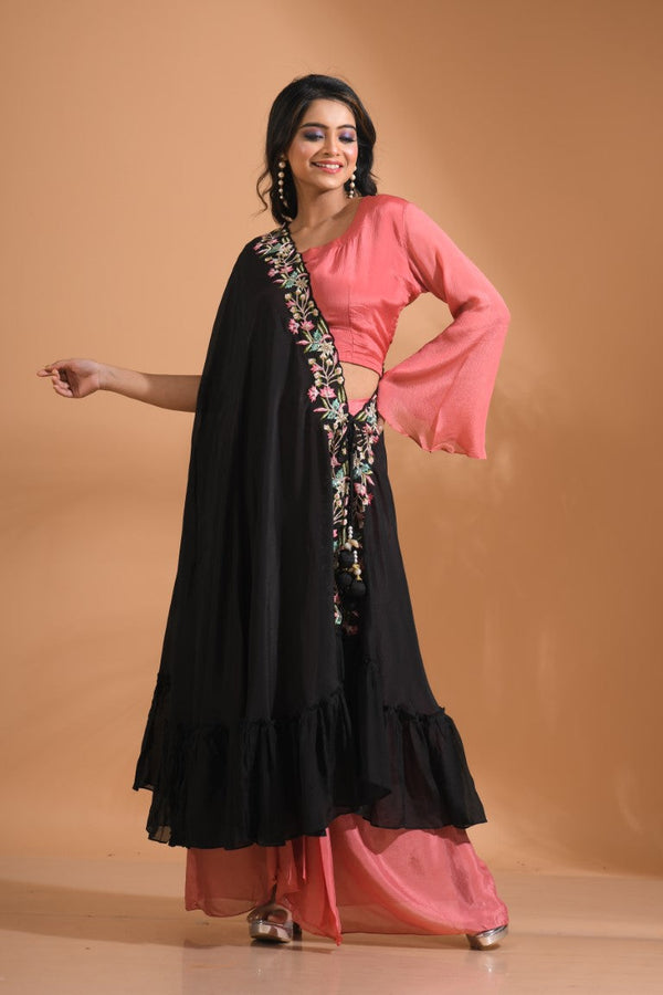 Morchari Crop Top With Dupatta Hand Embroidery - Peach - Distacart