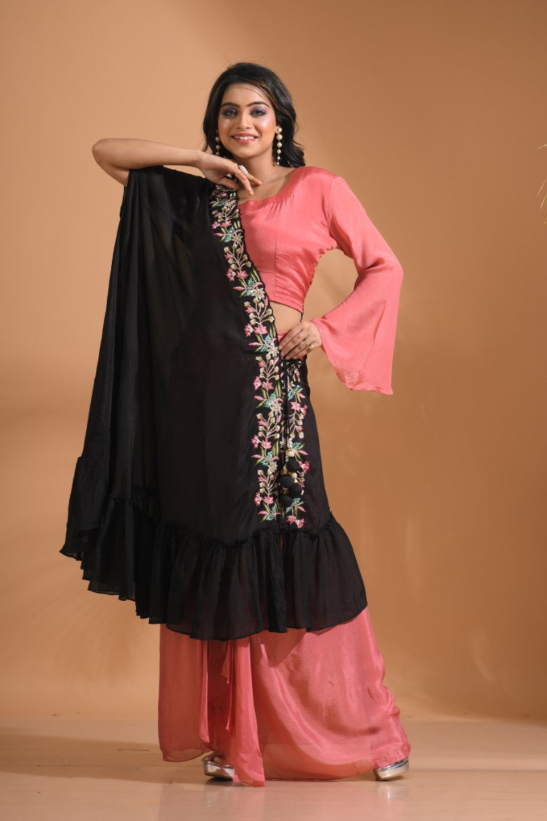 Morchari Crop Top With Dupatta Hand Embroidery - Peach - Distacart