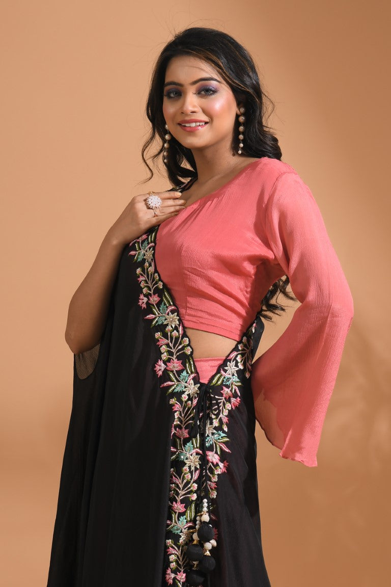 Morchari Crop Top With Dupatta Hand Embroidery - Peach - Distacart