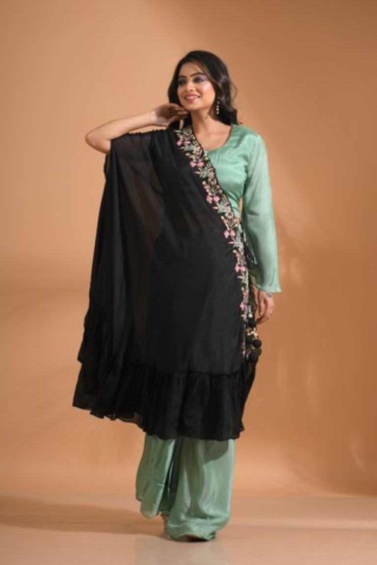 Morchari Crop Top With Dupatta Hand Embroidery - Green - Distacart