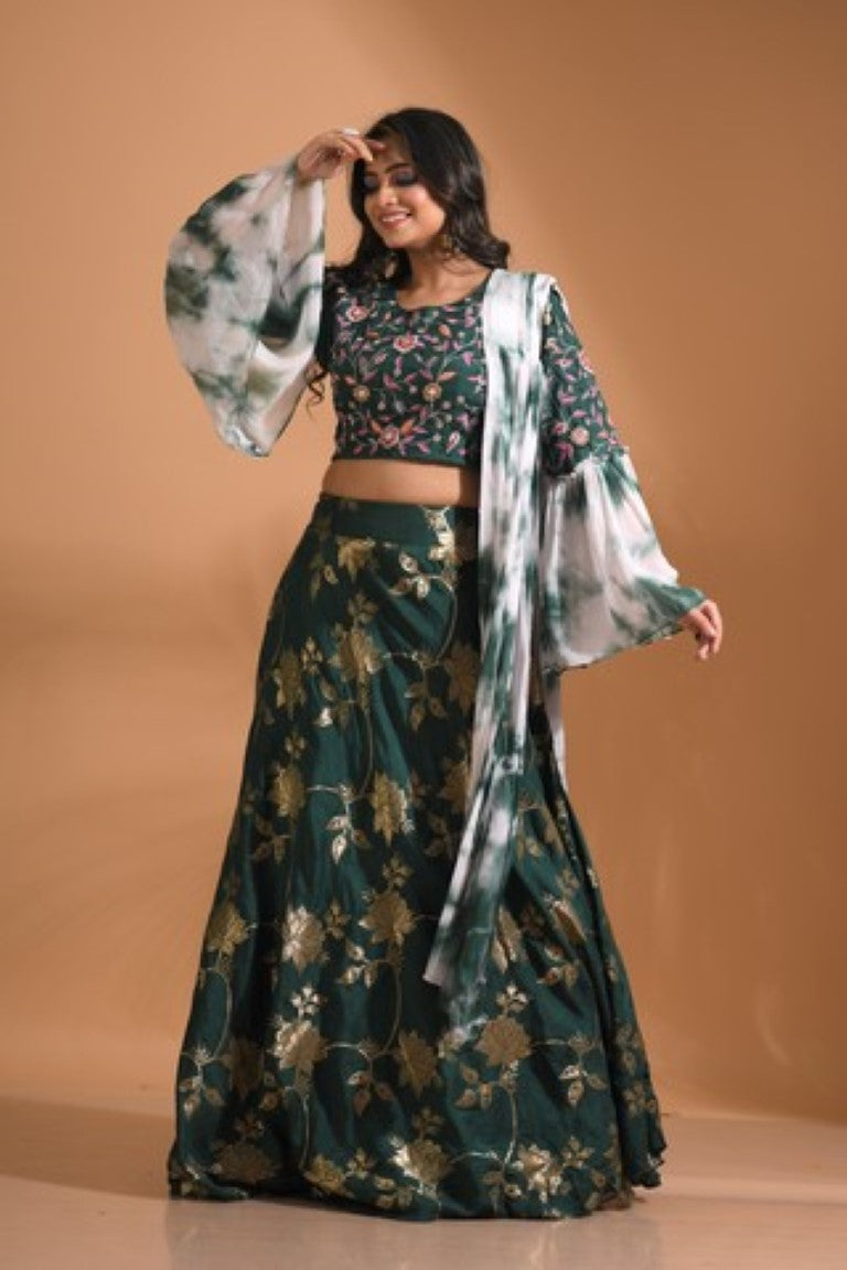 Morchari Crop Top With Tie & Dye Dupatta Hand Embroidery - Green - Distacart
