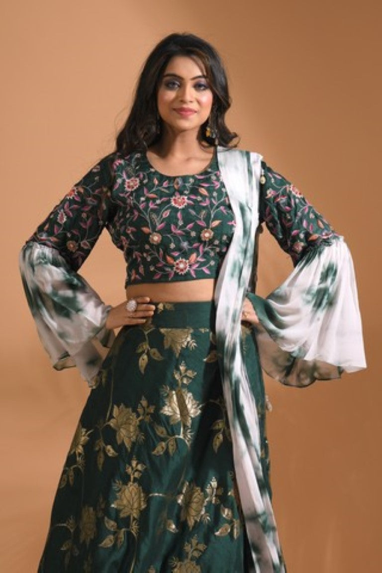 Morchari Crop Top With Tie & Dye Dupatta Hand Embroidery - Green - Distacart
