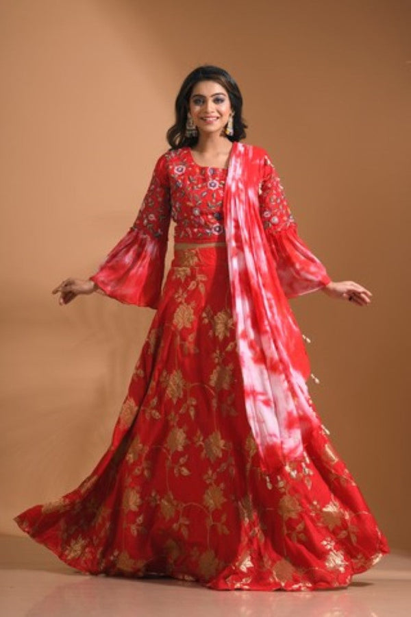 Morchari Crop Top With Tie & Dye Dupatta Hand Embroidery - Red - Distacart