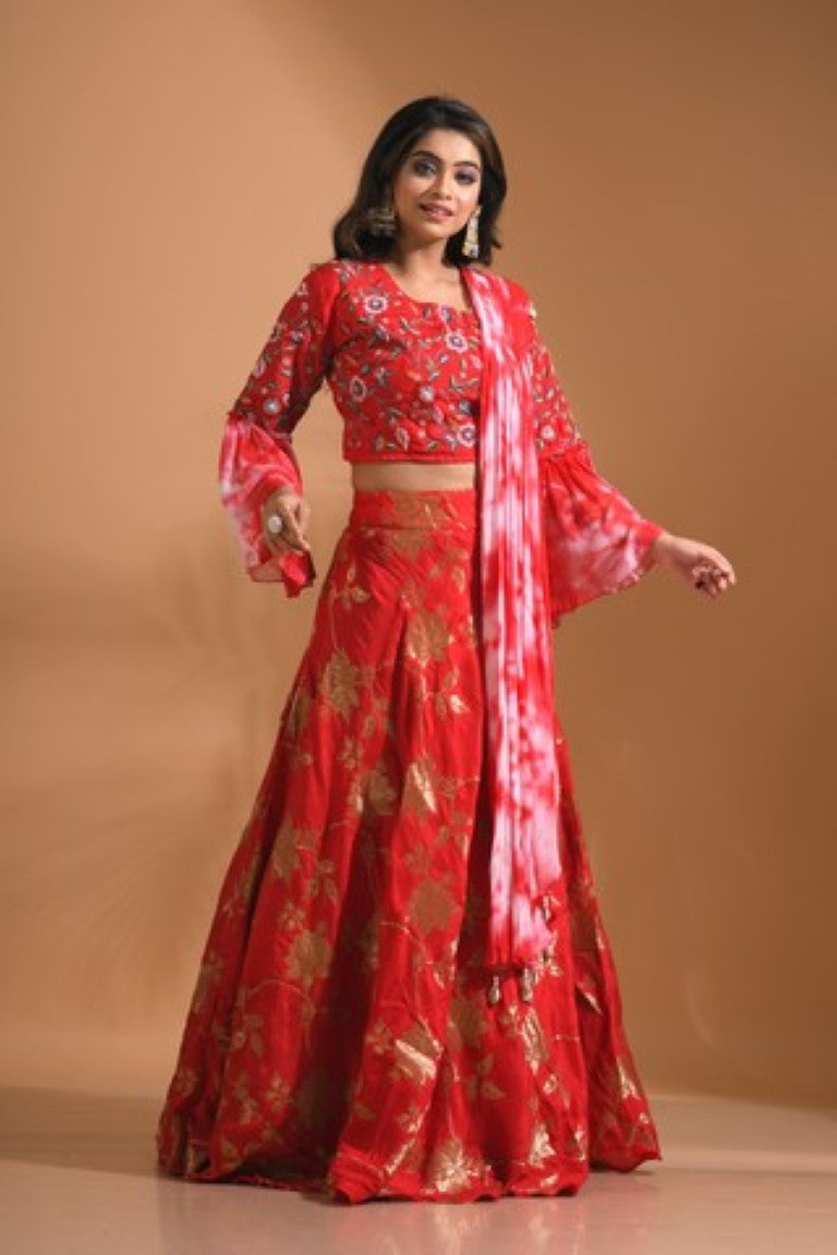 Morchari Crop Top With Tie & Dye Dupatta Hand Embroidery - Red - Distacart
