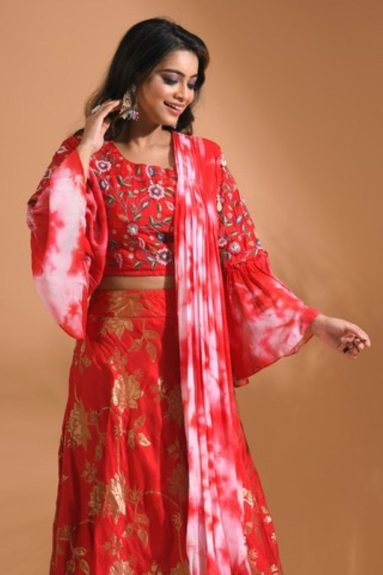 Morchari Crop Top With Tie & Dye Dupatta Hand Embroidery - Red - Distacart