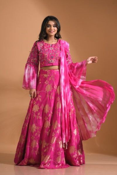 Morchari Crop Top With Tie & Dye Dupatta Hand Embroidery - Pink - Distacart