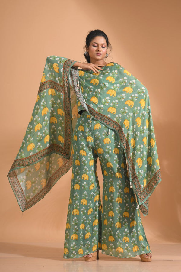 Morchari Kaftan Set With Hand Embroidery - Green - Distacart